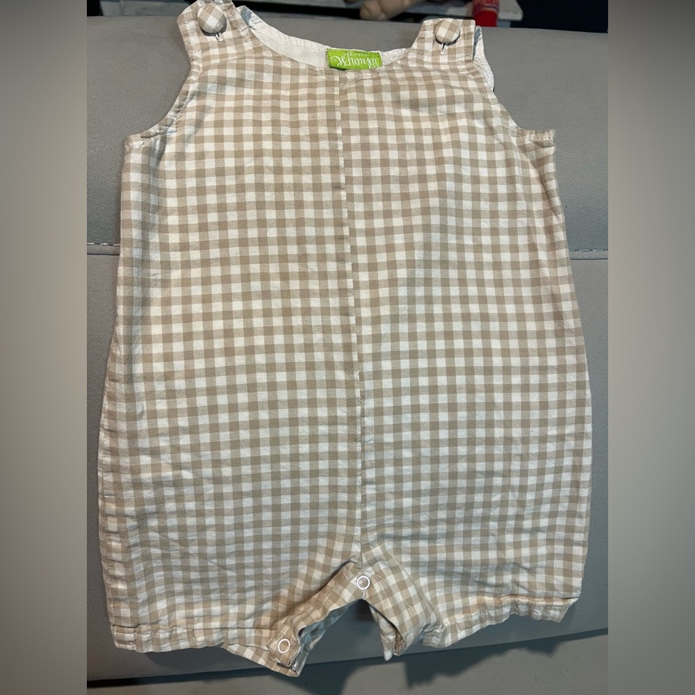 Tan and White Gingham Baby Romper